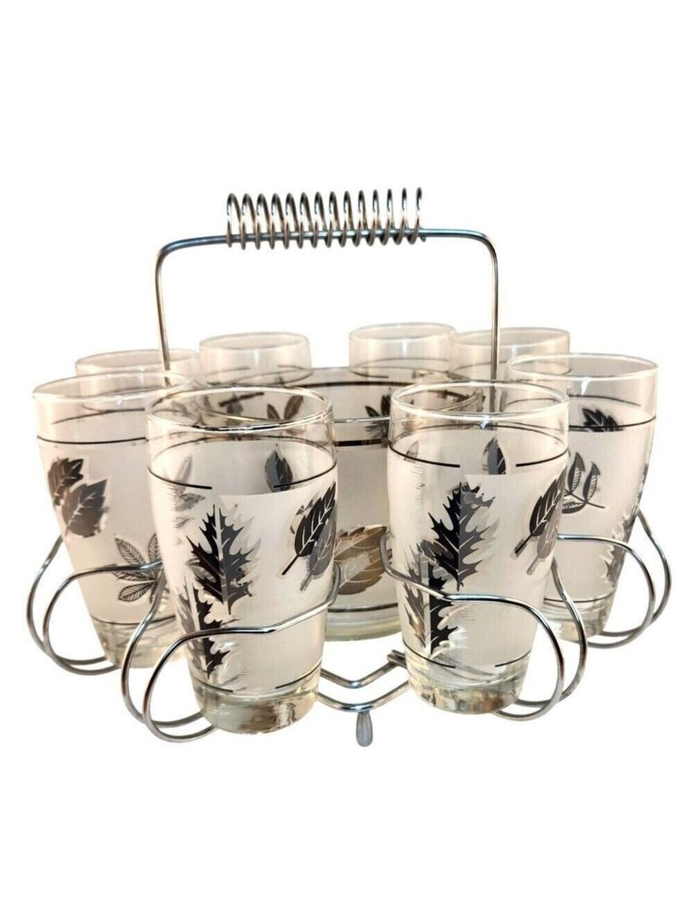 1960s Libbey Starlyte Mid Century Modern Frosted Silver Leaf Tumbler Glasses Wit